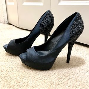 Aldo black rhinestone peep-toe pumps heels